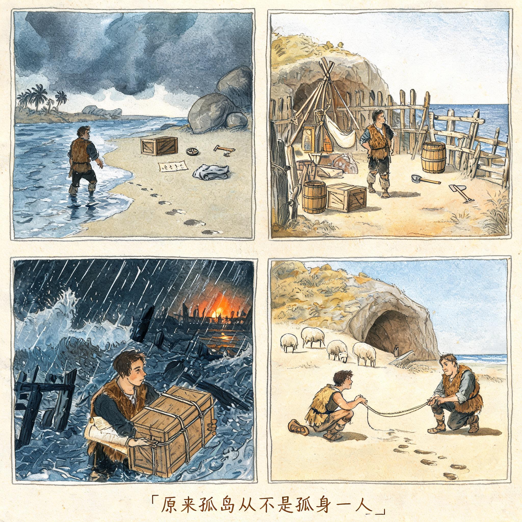 荒岛四格：工具散落、逐件归置、风暴掀翻、两人共用一段绳